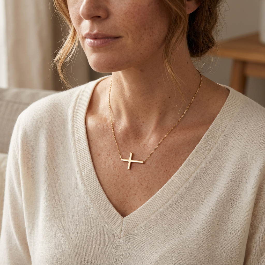 Quiet Faith Gold-Tone Sideways Cross Necklace