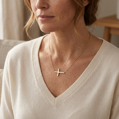 Quiet Faith Gold-Tone Sideways Cross Necklace