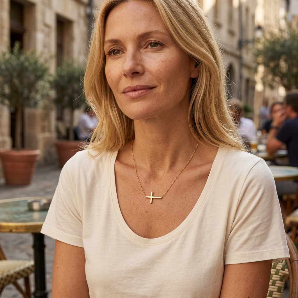 Quiet Faith Gold-Tone Sideways Cross Necklace