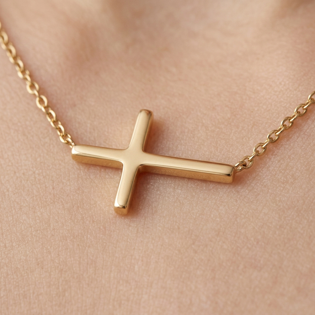 Quiet Faith Gold-Tone Sideways Cross Necklace