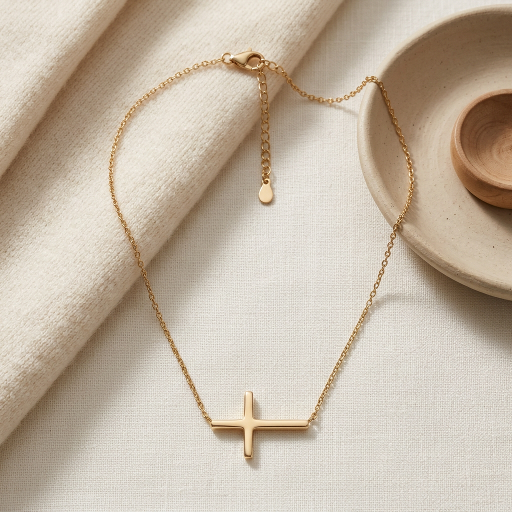 Quiet Faith Gold-Tone Sideways Cross Necklace