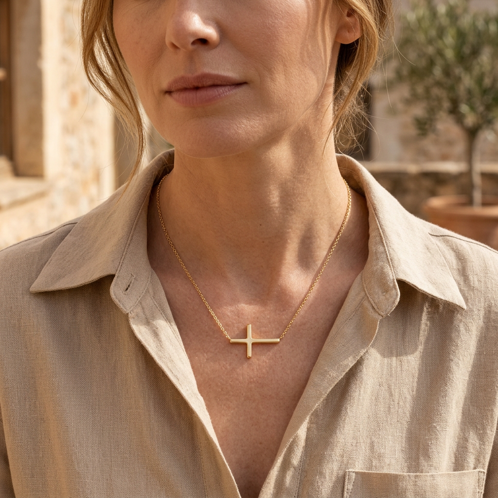 Quiet Faith Gold-Tone Sideways Cross Necklace
