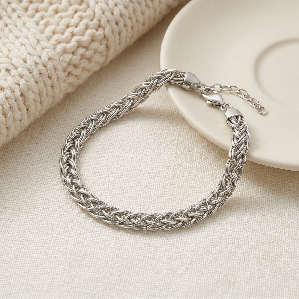 Woven Silver-Tone Bracelet | 5mm Braided-Link Design